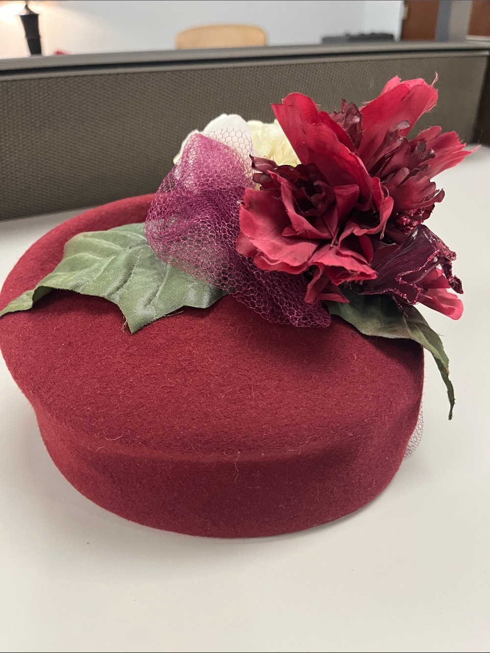 Vintage Wine Red Floral Pillbox Wool Hat with Decorative Blooms